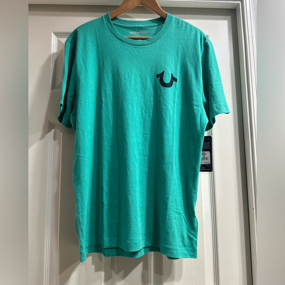 True Religion Medium Tshirt Turquoise Aqua Buddha with a Guitar Horseshoe Men’s